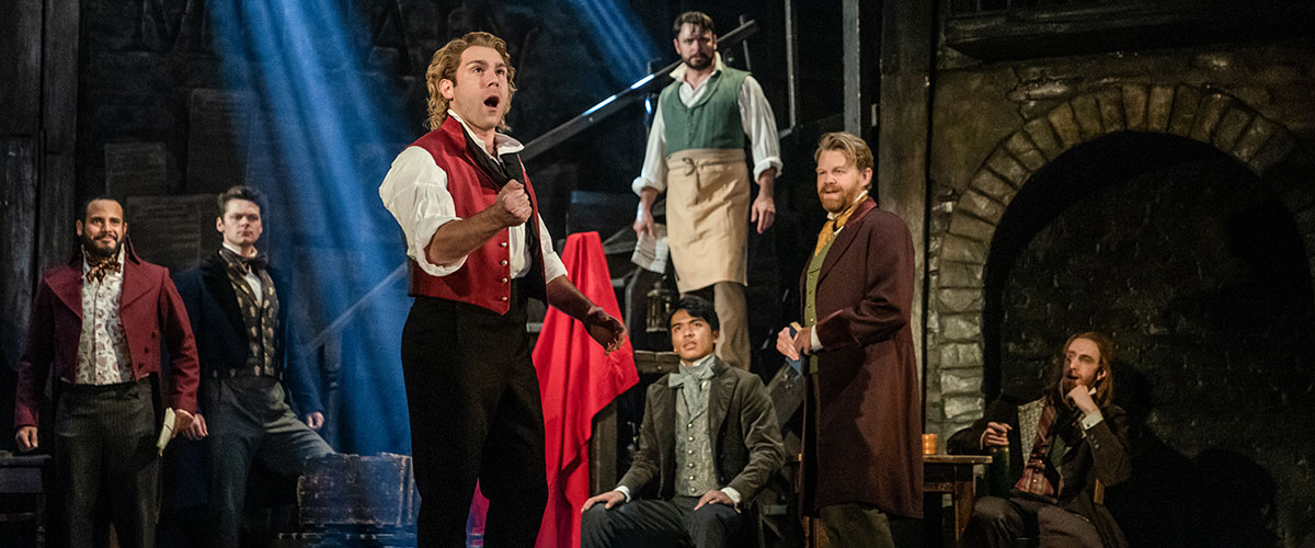 "Red and Black" - Devin Archer as Enjolras and company in Les Misérables | Photo: Matthew Murphy & Evan Zimmerman for MurphyMade