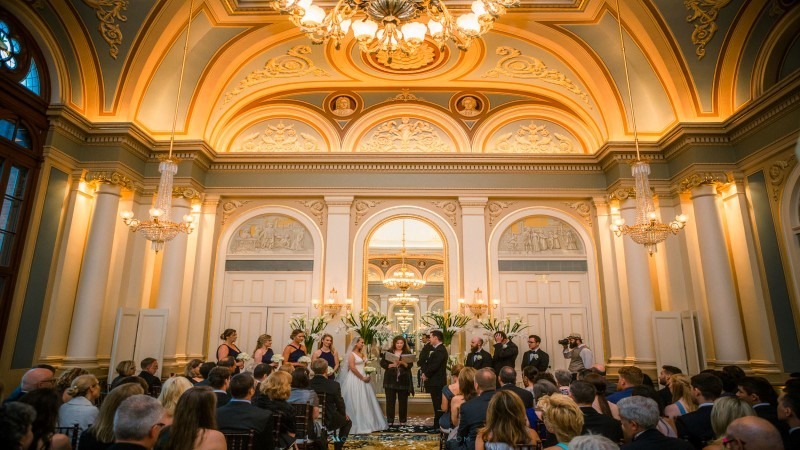 Built in the 1800s, the Academy Ballroom has elaborate chandeliers and gilded walls.