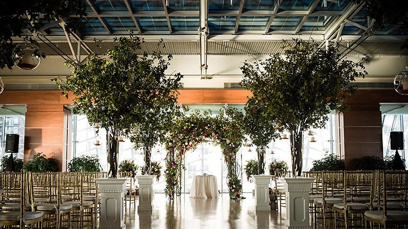 A unique nature theme lines the walls and aisle for a wedding.